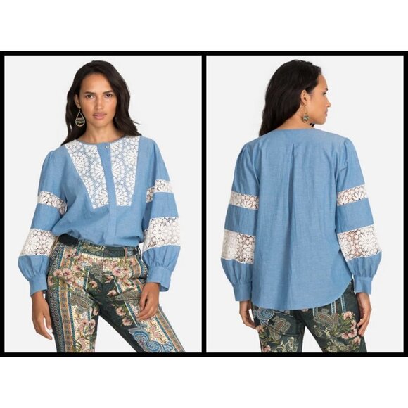 💕JOHNNY WAS💕 Thalassa Pieced Button-down Shirt Lace Detail Chambray Blue NWT - Picture 2 of 16